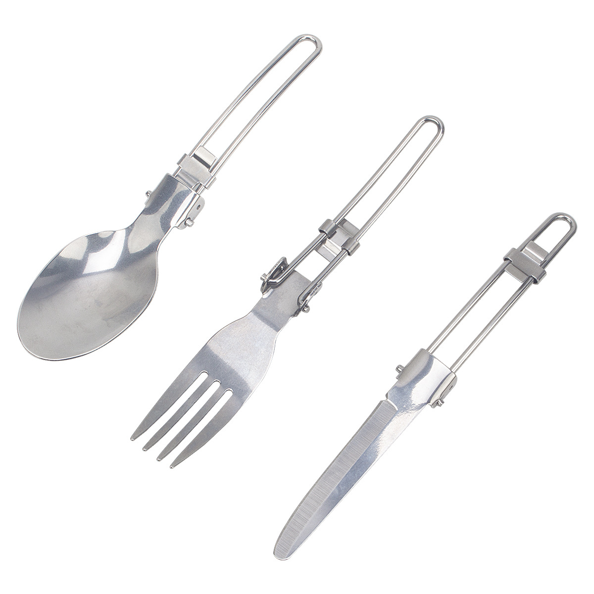 Vajilla de picnic de campamento al aire libre de acero inoxidable vajilla plegable de viaje juego de tres piezas de acero inoxidable cuchillo plegable tenedor cuchara