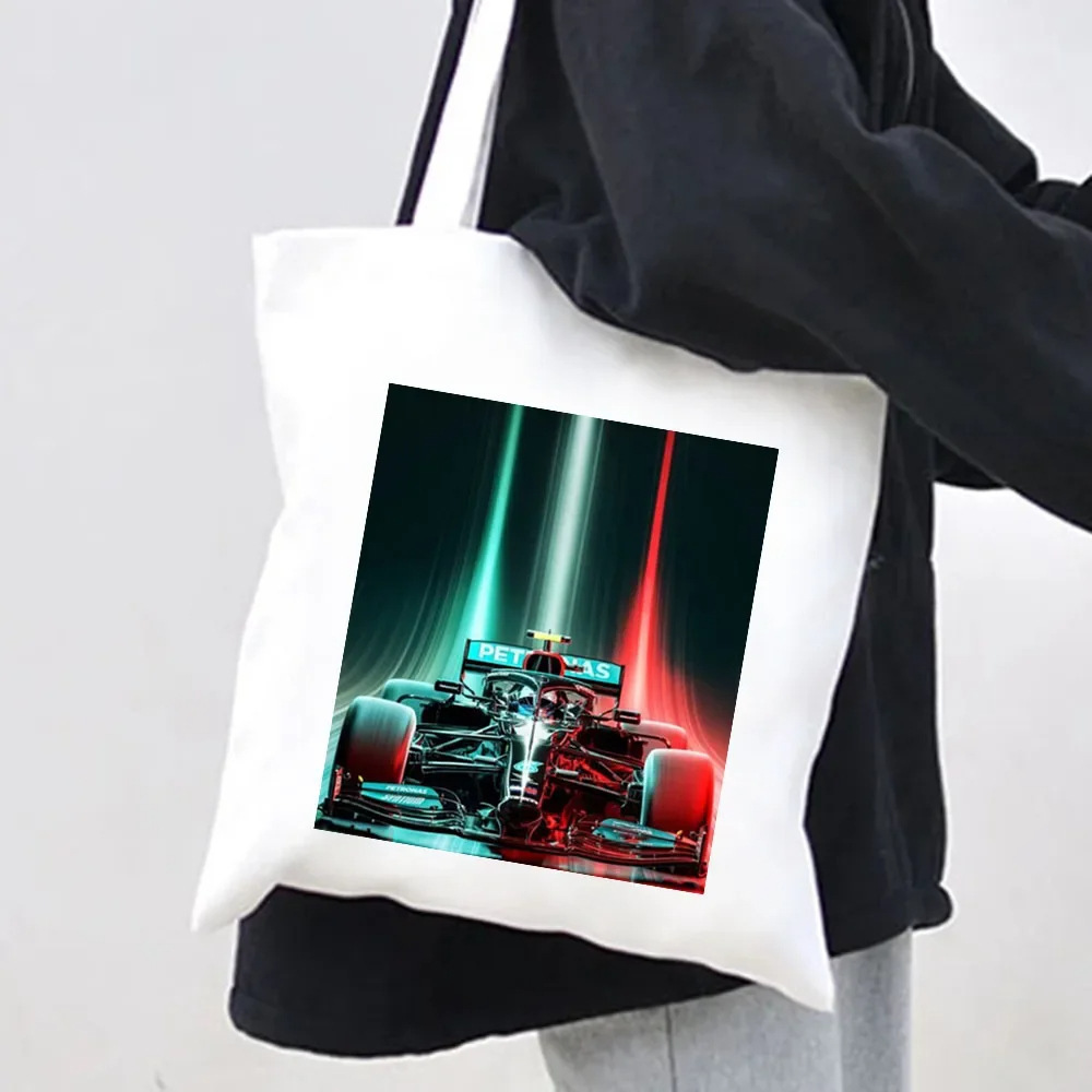 F1一级方程式赛车印花棉质帆布手提包原宿购物袋手提托特包外贸