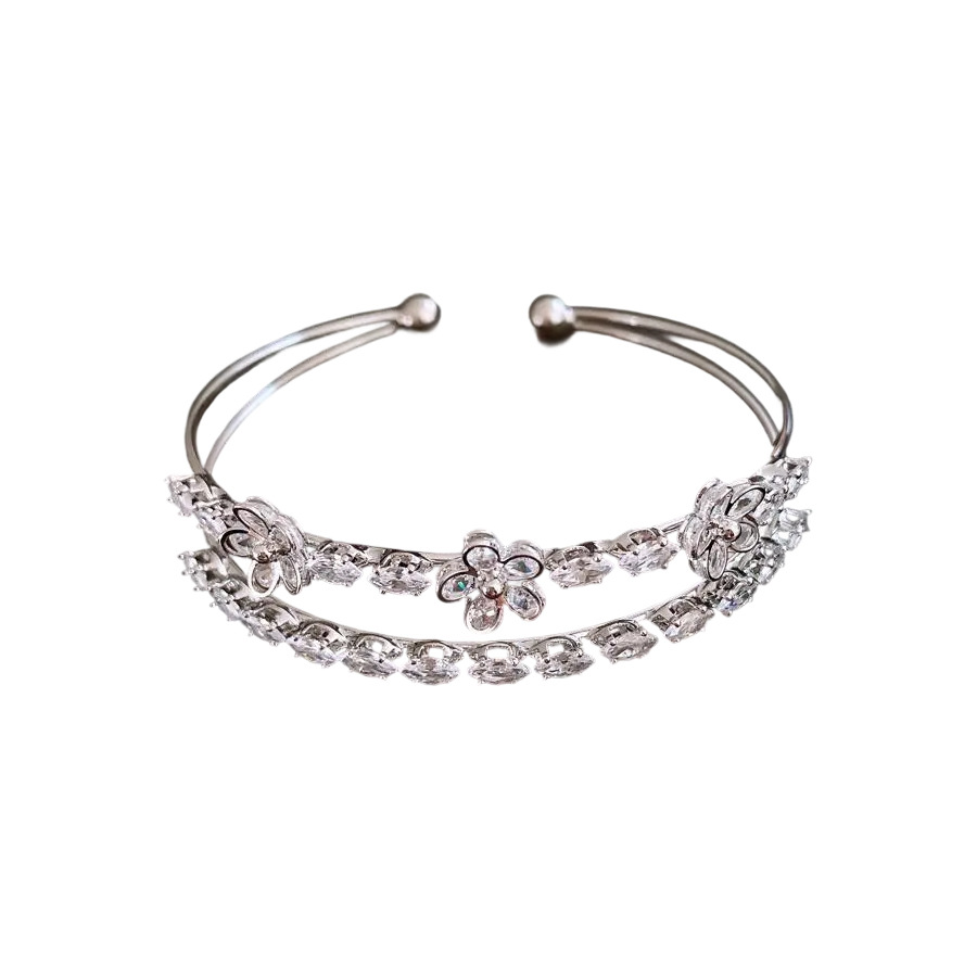 Flor de circón pulsera redonda de doble apertura de doble capa, lujo ligero, estilo frío, pulsera exquisita, joyería de moda de alta gama de todo fósforo