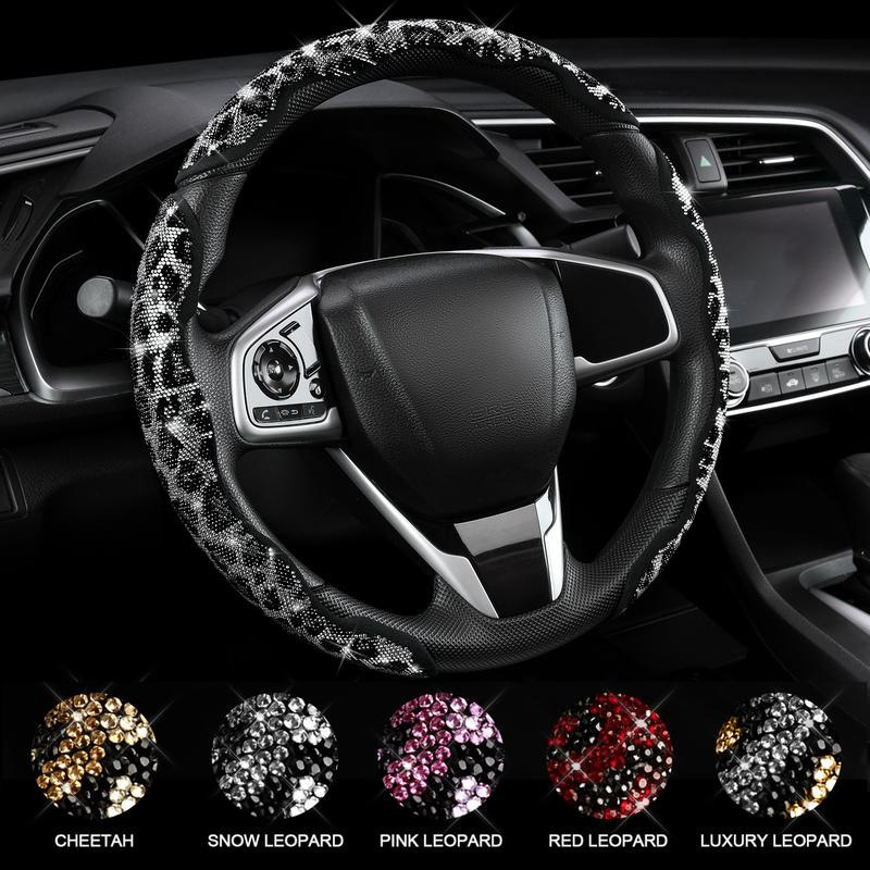 Leopard print diamond-studded crystal car steering wheel cover, trendy and shiny interior modification set for girls, universal car steering wheel cover