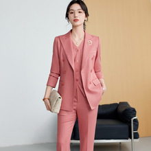 春秋新款粉色职业西装套装修身御姐范显瘦直筒裤正装工作服三件套