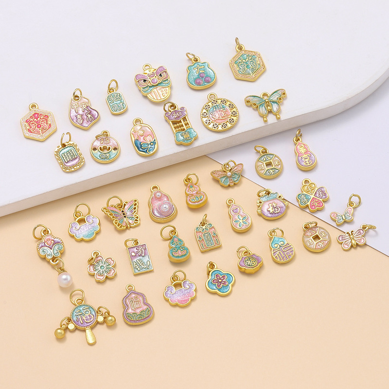 Ancient Chinese-Style Gold-Plated Alloy Enamel Pendant Bracelet Necklace Jewelry Accessory Handmade DIY Parts