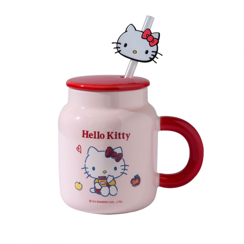 Auténtica taza Sanrio hermosa caja de color con tapa de taza de paja con patrón de dibujos animados taza de cerámica de alto valor facial