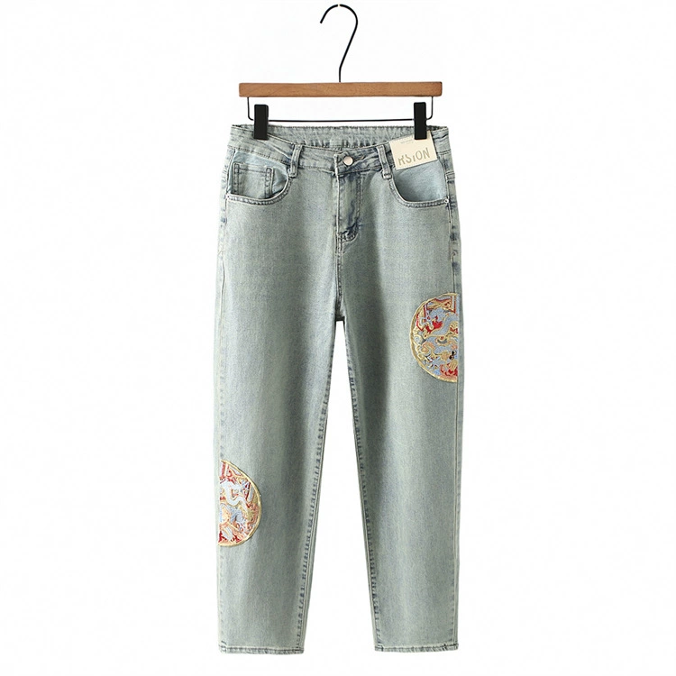 Ретро мода плюс размер женские брюки для пухлых девочек 200 кг весенние универсальные Стройнящие джинсы с высокой талией в национальном стиле с вышивкой 207