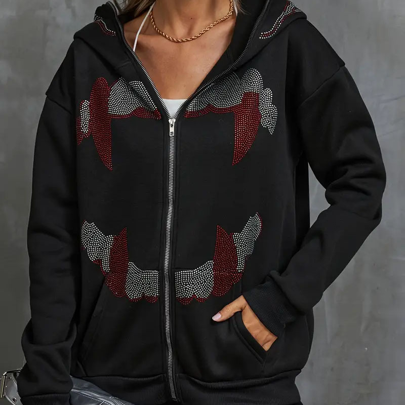 Women's Hooded Sweatshirt With Dark Print And Fleece Lining_voghion.com