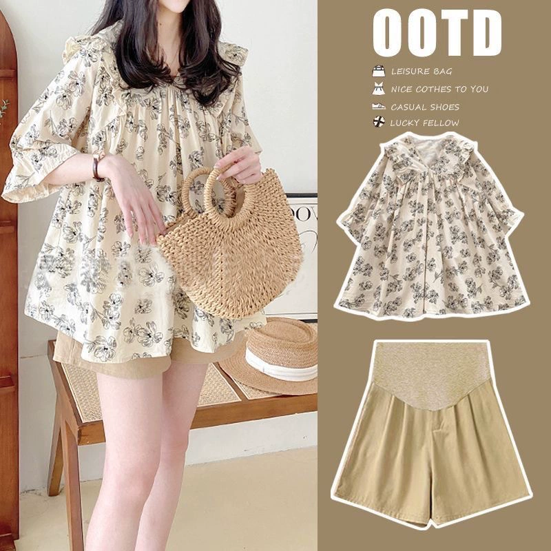 Одежда для беременных 2024 новый летний набор модных повседневных цветочных топов с короткими рукавами Летние шорты из двух частей