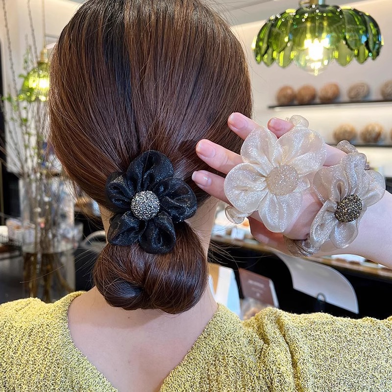 Hilo de malla coreano flor intestino grueso anillo para el cabello femenino 2025 nuevo estilo de alta gama baja cola de caballo cuerda para el cabello cuerda para el cabello accesorios para el cabello