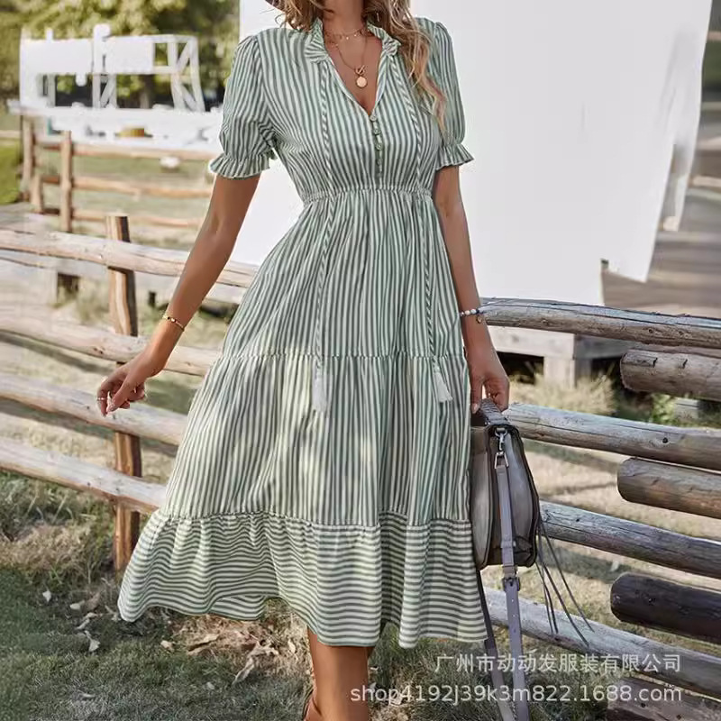 Cross-border AliExpress 2022 European and American fashion summer women's striped short-sleeved V-neck elastic waist dress women's clothing