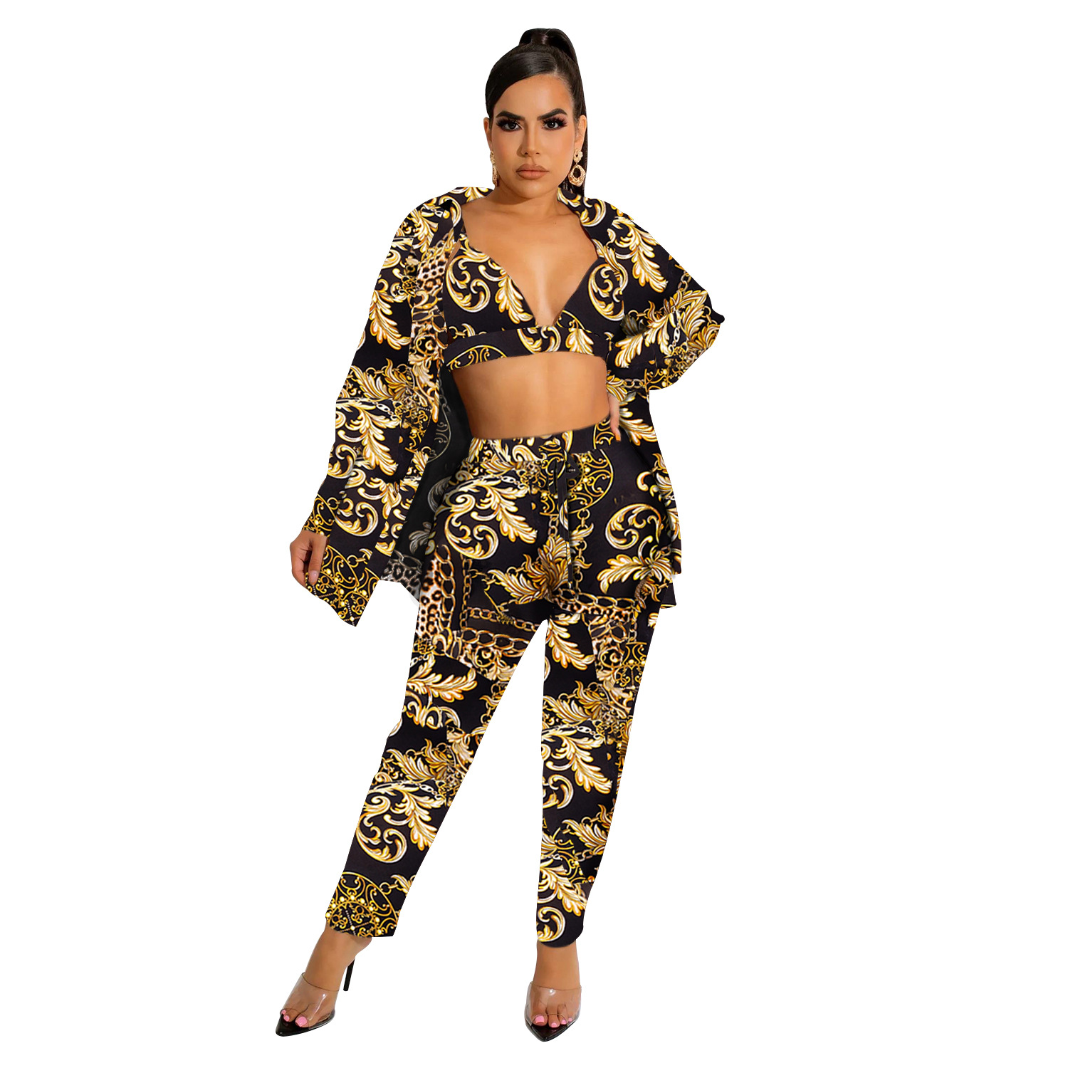Women's Pant Set With Long Sleeved Collared Jacket And Trousers_voghion.com