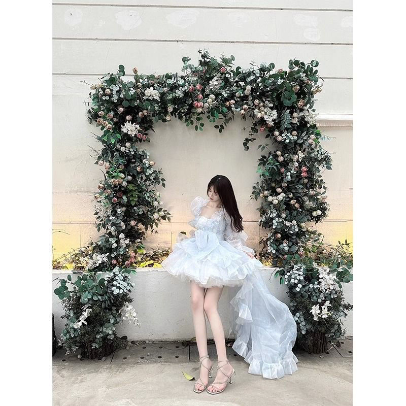 法式花嫁礼服蓝色lolita抹胸拖尾连衣裙洋装洛丽塔公主蓬蓬显瘦|undefined