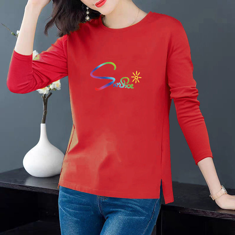 [100 Cotton] Spring loose pullover round neck long sleeve T-shirt cotton printed front short back long base shirt women's split