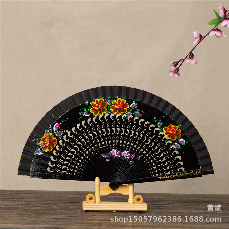 9寸外贸易开合镂空印花西班牙木头舞蹈扇子走秀跳舞女扇木质折扇