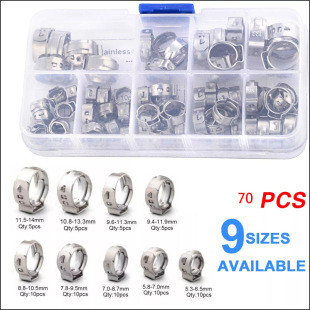 Cross-Border Wholesale 70Pcs Boxed 304 Stainless Steel/Single Ear Stepless Clamp Hose Clamp, Water Pipe Oil Pipe Hose Clamp