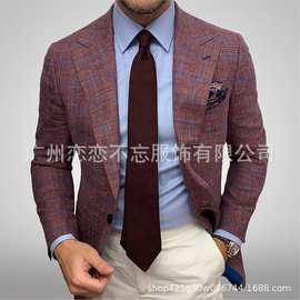 跨境春秋新款男装格纹翻领长袖西装外套wish速卖通爆款男商务西装