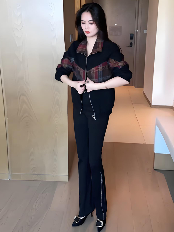 长袖印花短外套女2025秋冬新款时髦洋气拼接上衣休闲加绒夹克开衫|undefined