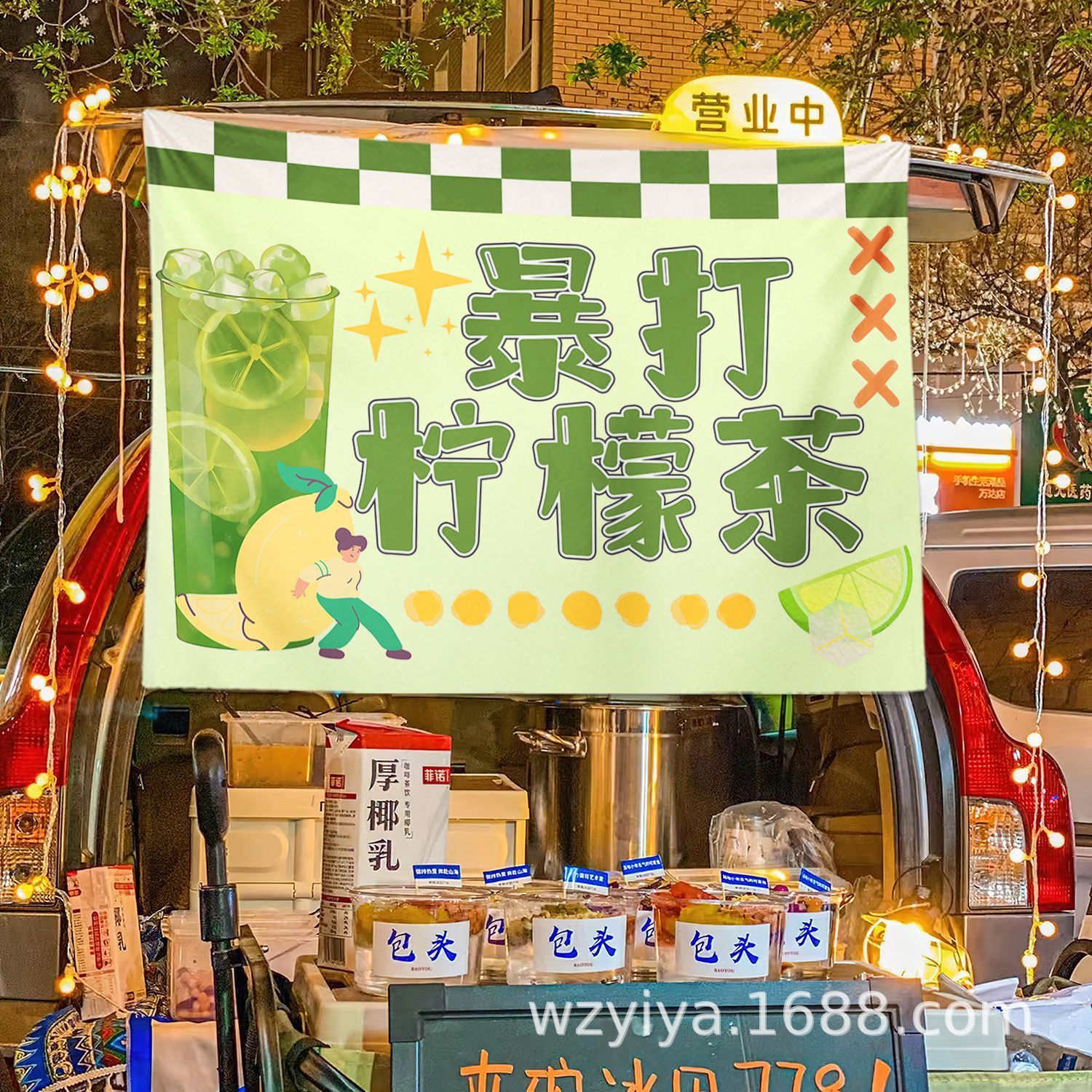 Té de limón hecho a mano, puesto, comida, mercado nocturno, puesto, puesto, cartel callejero, puesto, promoción