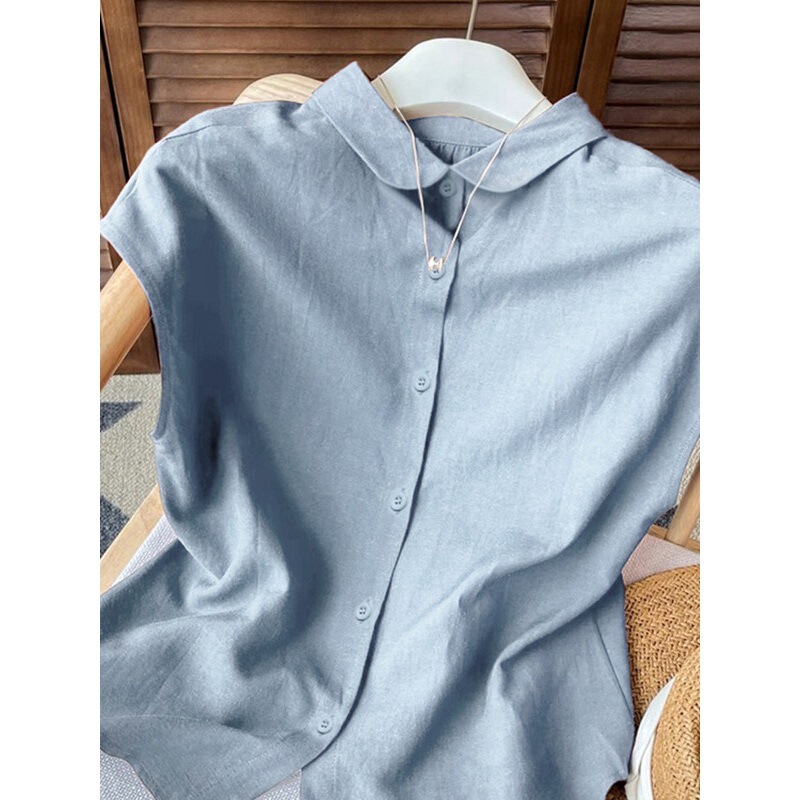 Elegant and Stylish Short-Sleeve Summer Pure Cotton Loose Round-Neck Flutter-Sleeve Cotton-Linen Shirt Plus-Size Linen Top