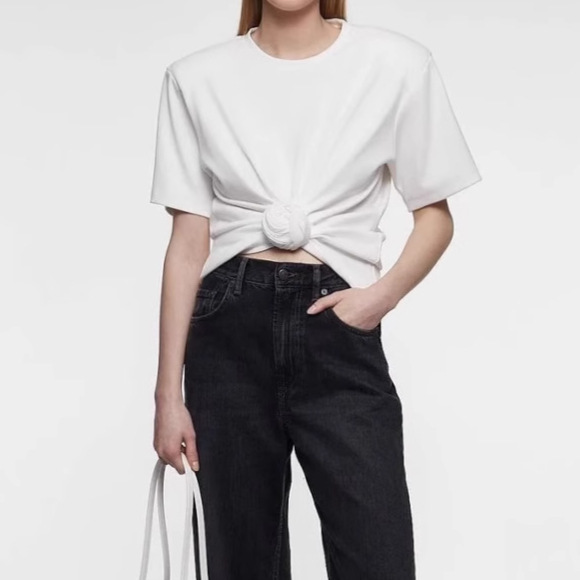 Cross-Border Popular Knotted Button T-Shirt for Women, Summer New Short-Sleeve with Shoulder Pad Design, Stylish Versatile Solid Color Top