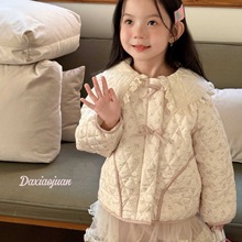 大小卷25秋冬新款女童童装甜美绣花翻领格子薄款棉服棉袄外套