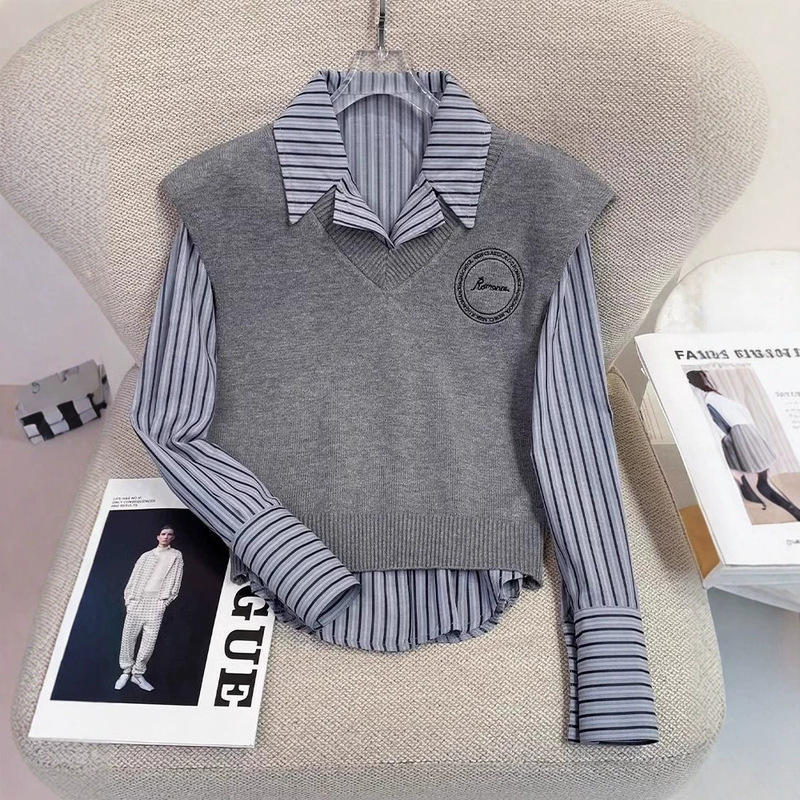 Striped shirt layered with a knitted vest for women, 2026 spring and autumn new design, unique gray V-neck sweater set