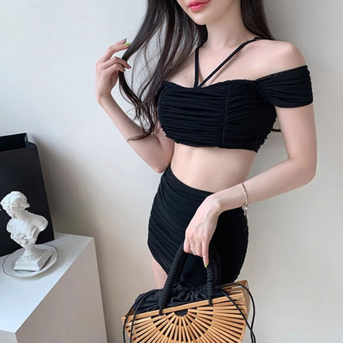 Women's 2025 New Design, Separate Skirt Style, Solid Color, Sexy Bikini, Strapless Vacation Swimwear from South Korea