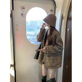 名媛气质粗花呢编织v领小香风外套女冬厚宽松中长款高级感上衣