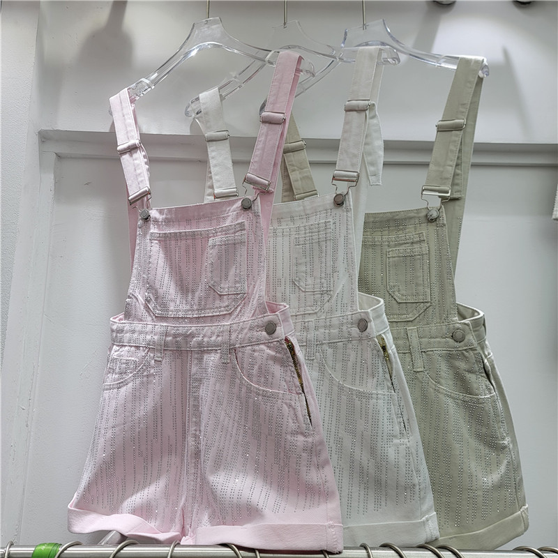 Pink Denim Overalls with Rhinestones for Women 2026, Loose Fit, Youthful and Cute Style, Petite Wide-Leg Jumpsuit