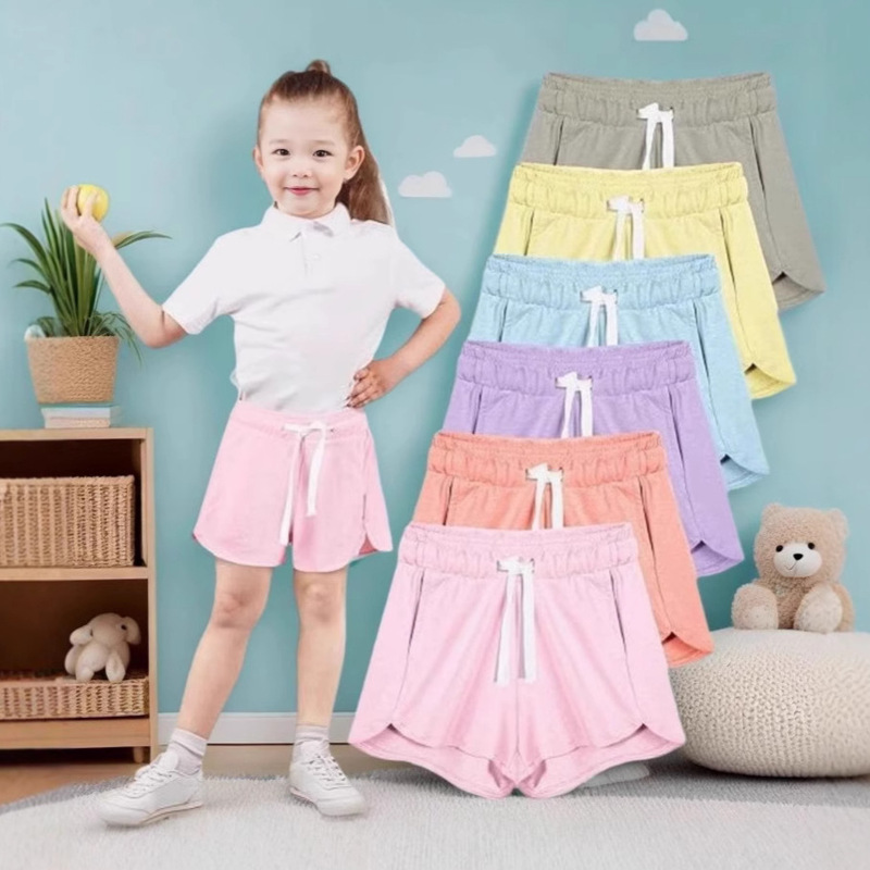 Cross-Border Children's Sports Shorts for Summer, Girls' High-Waisted Loose Running Yoga Fitness Beach Shorts with Pockets and Drawstring