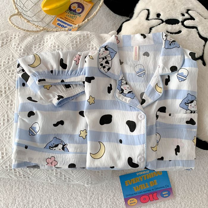 Venta al por mayor transfronteriza nube de algodón 120G estilo caliente pijamas mujeres verano dulces pantalones cortos de manga corta dibujos animados ropa para el hogar traje