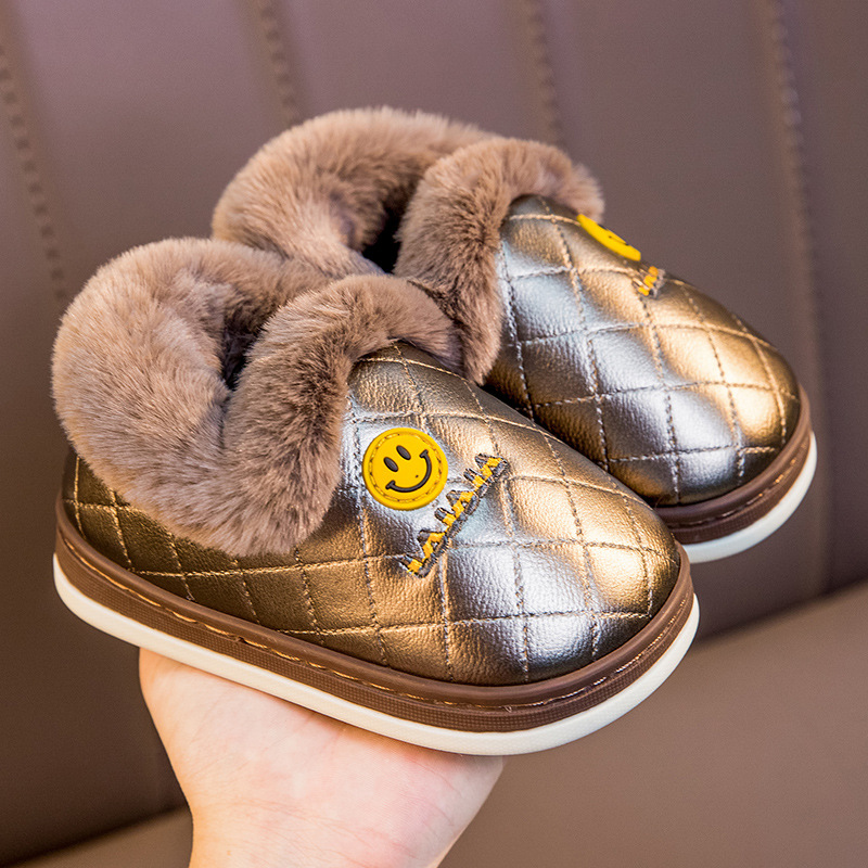 New Children's Cotton Slippers Autumn and Winter Bag Heel Warm Waterproof Pu Leather Home Children's Home Baby Cotton Shoes Girl