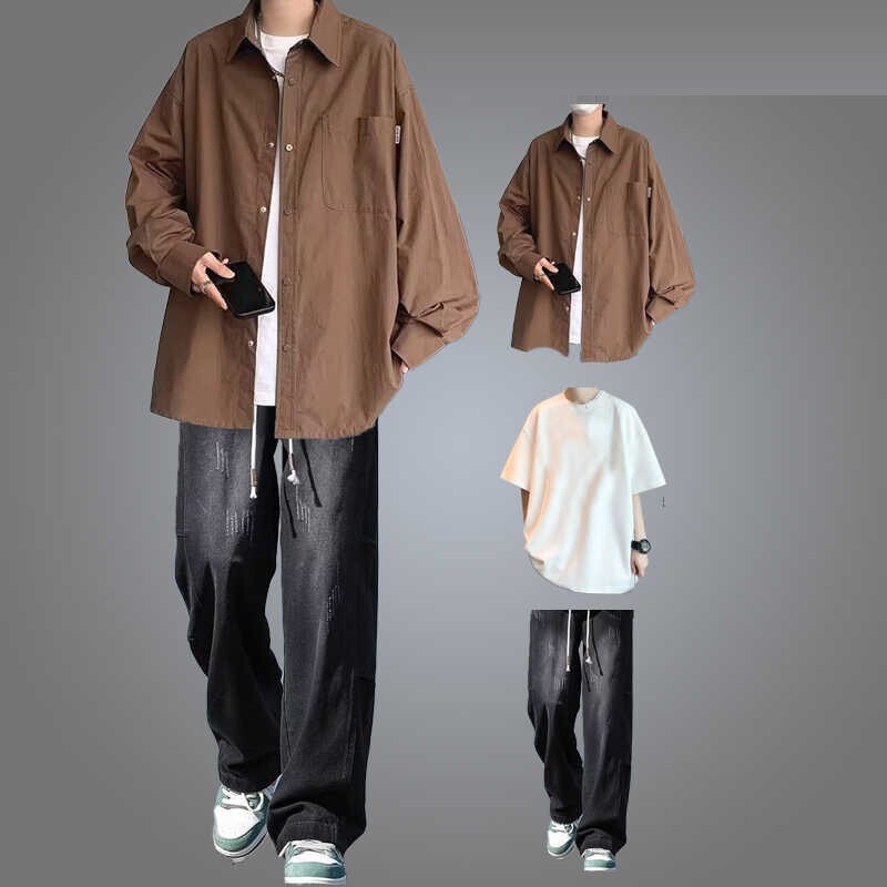 Autumn New Simple Handsome Japanese Shirt Light Mature Boyfriend Style High-end Style Matching Jeans Duffy Handsome Set