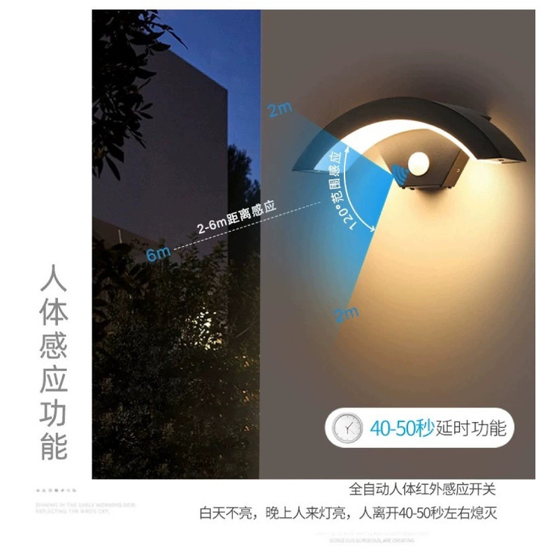 LED 屋外防水人体センサーウォールランプ中庭シンプルクリエイティブ屋外バルコニー玄関月型ウォールランプ|undefined