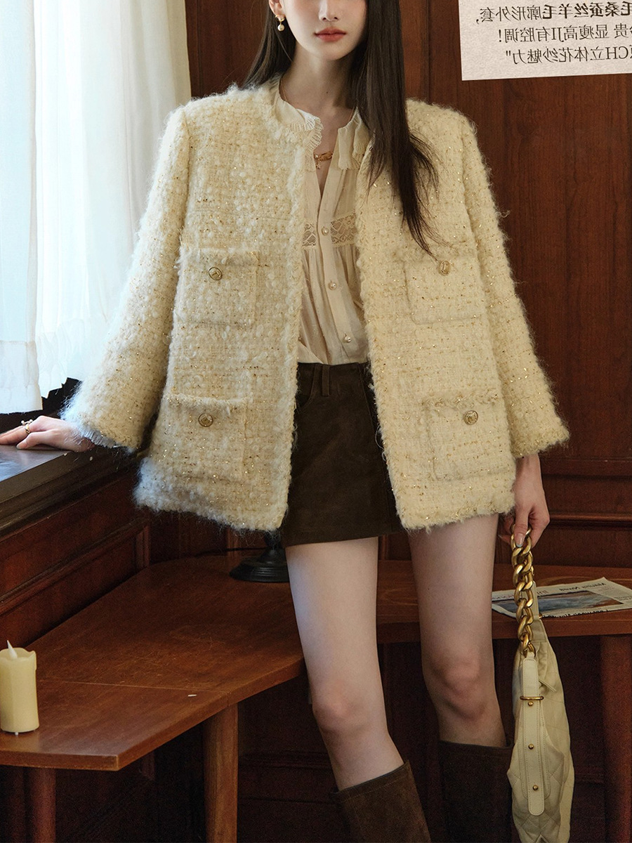 Autumn New Style Old Money Handmade Tweed Chanel-Style Jacket for Women, High-End, Exquisite, Light Luxury White Top