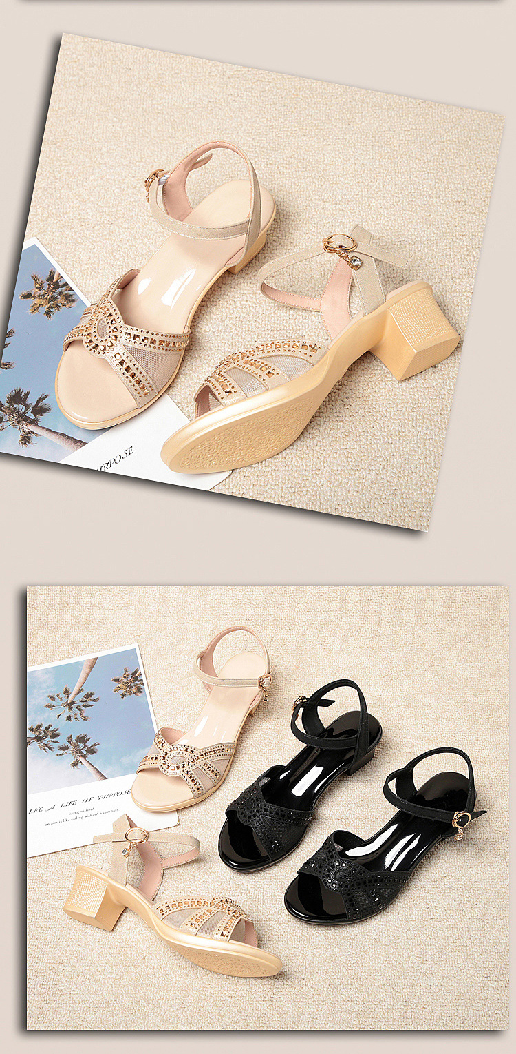 Sandal cao gót nữ quai ngang da thật gót vuông — Màu đen chi tiết 19