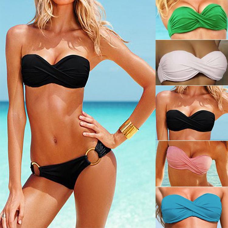 Sexy AliExpress Steel Bra Push-Up Bra Top Bikini Solid Color Double-Ring Beach Swimsuit Set