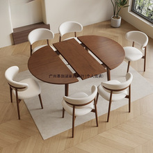 法式中古风实木餐桌伸缩折叠圆桌可变椭圆形桌子家用小户型吃饭桌