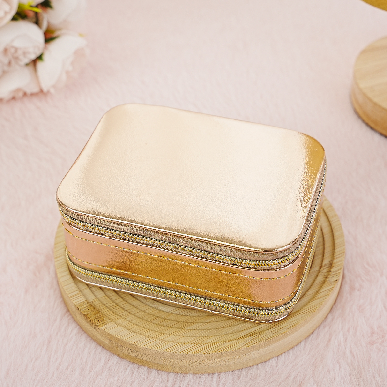 Impresión de doble cremallera caja de joyería anillo perno pulsera con espejo bolsa de joyería portátil con cremallera