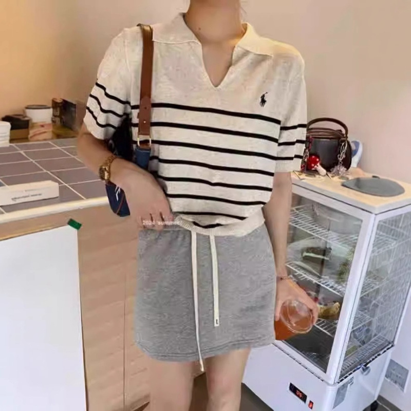 夏季POLO领T恤女藏蓝色条纹短袖人头马刺绣翻领t恤冰丝通勤|undefined