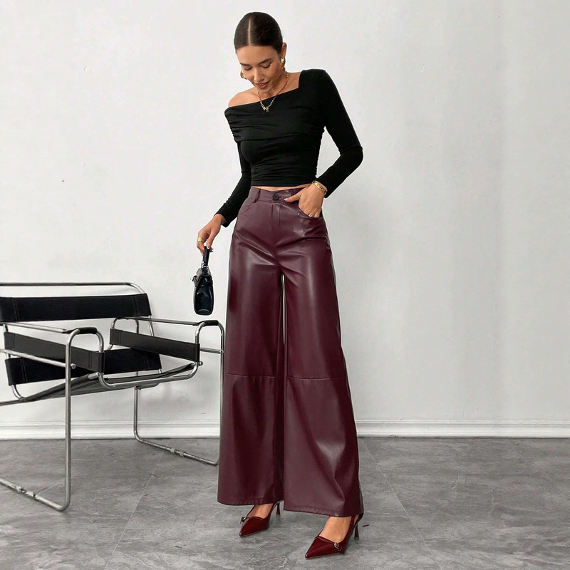 Elegant Commuter Slim-Fit High-Waisted Wide-Leg Leather Pants for Petite Women, American Style Slimming Luxurious Loose Straight-Leg Casual Pants Elegant Commuter Slim-Fit High-Waisted Wide-Leg Leather Pants for Petite Women, American Style Slimming Luxurious Loose Straight-Leg Casual Pants