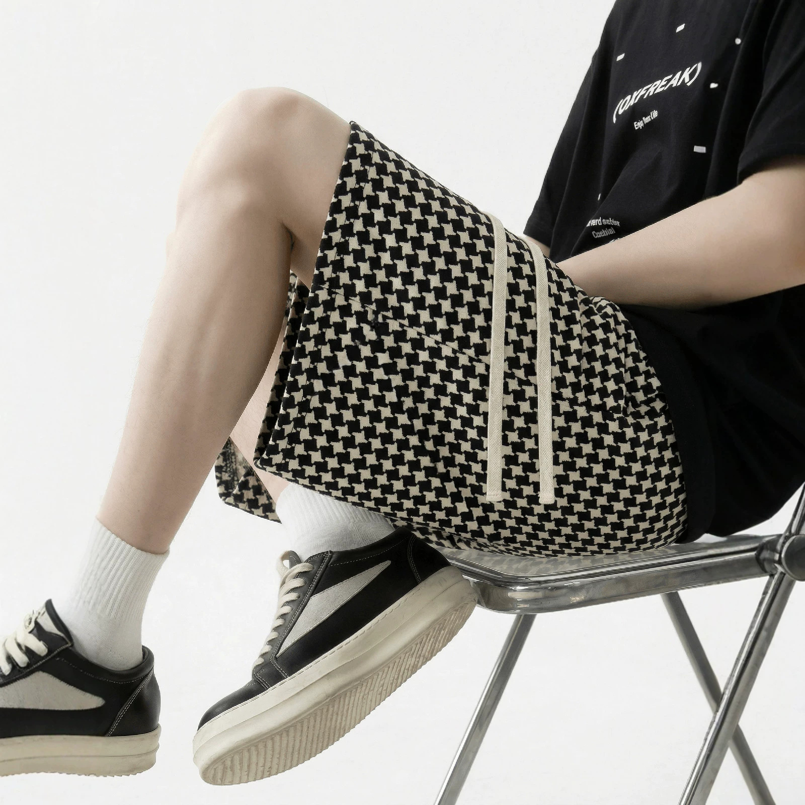 Men's Houndstooth Print Shorts Summer Thin Style Casual High Street Retro Loose Straight Leg Five Pocket Pants_viptrois.com