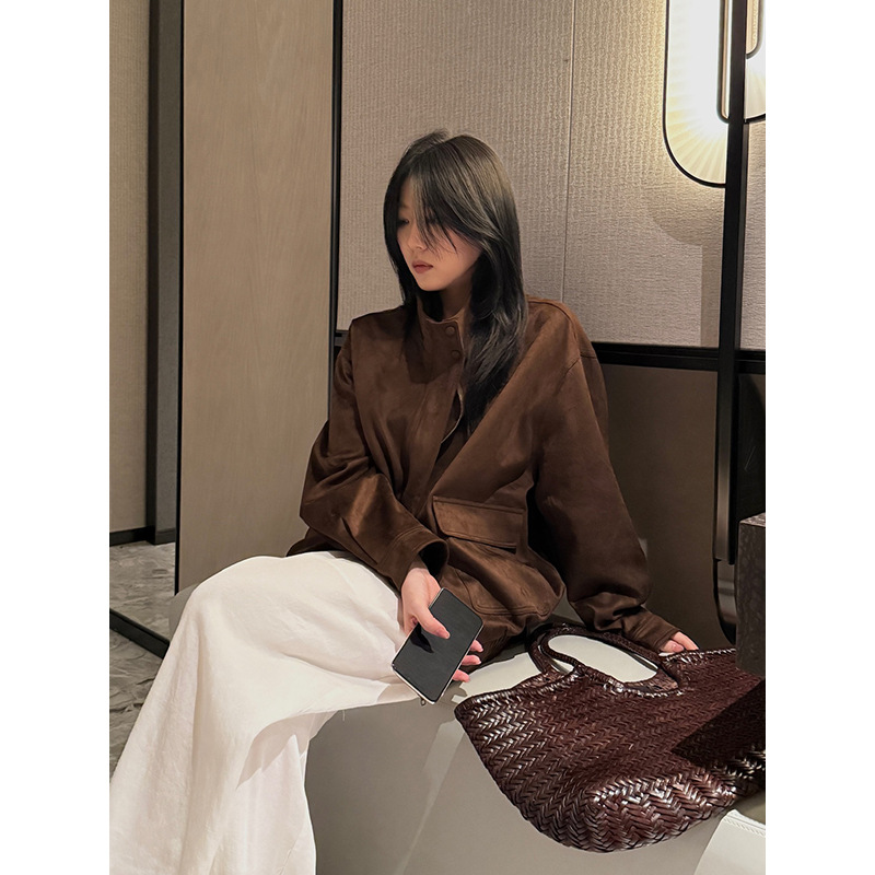 Fox Room Stand Collar Motorcycle Style Suede Short Jacket 2025 Autumn New Loose Jacket Leather Jacket for Women A5663