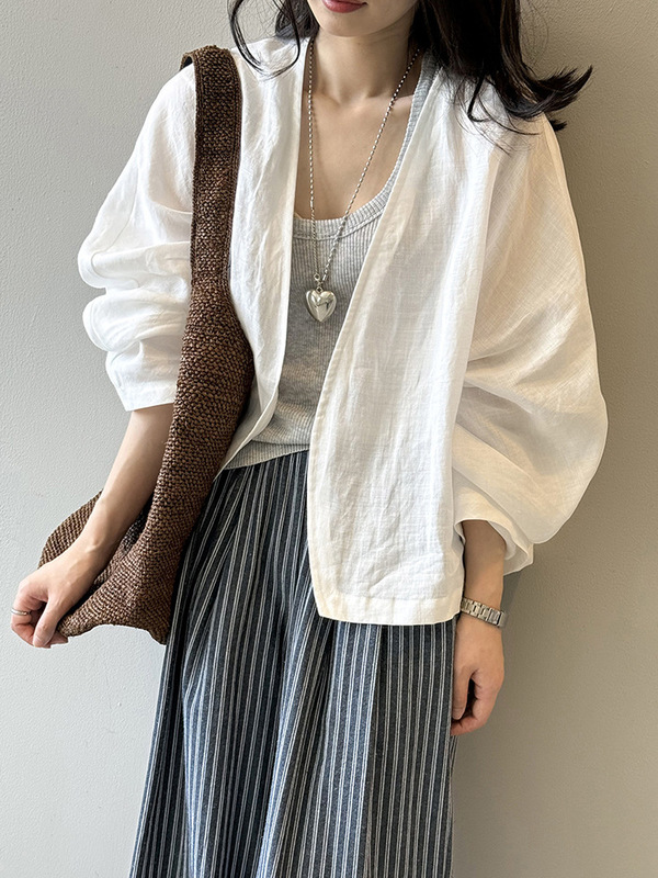 文学レトロラミー長袖カーディガンジャケット女性の夏のルーズ多用途日焼け止めシャツトップリネンショートジャケット|undefined