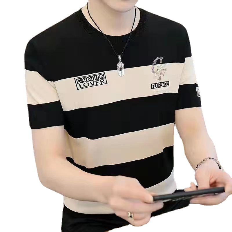 2022 Men's Striped Short-Sleeved T-shirt Summer Korean Style Trendy Ins Short-Sleeved Boys Crew Neck T-shirt Thin Top