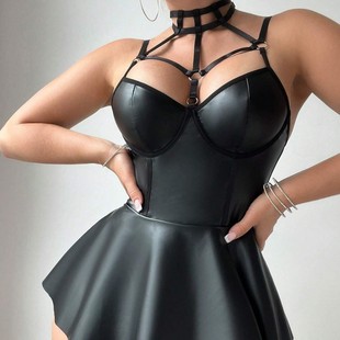 Cross-border supply of sexy nightclub uniforms temptation hanging neck sexy underwear hollow hot girl passion suit patent leather PU