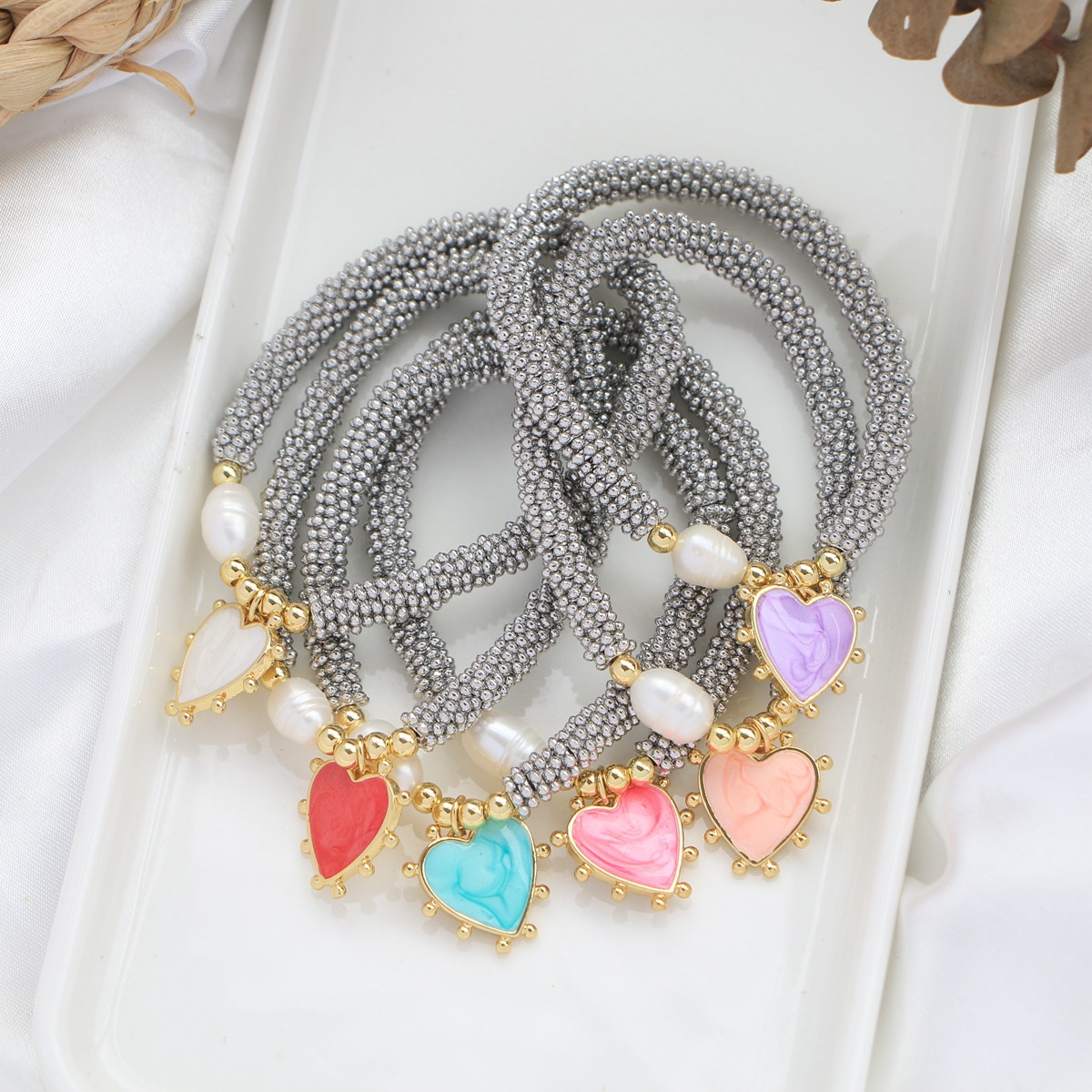Copper Pendant Material Wholesale Jewelry INS Style IG Style Heart Shape Copper Plating Beaded Chain Caviar Bracelet