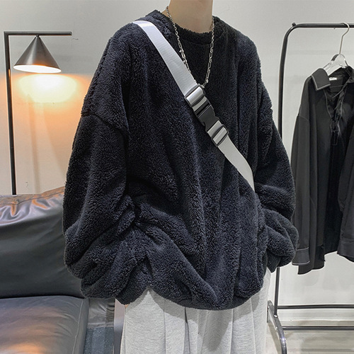 Wholesale Autumn/Winter New Plush Sweatshirt Men's Korean Style Trend Lamb Fleece Crew Neck Solid Color Couple's Thicker Warm Coat
