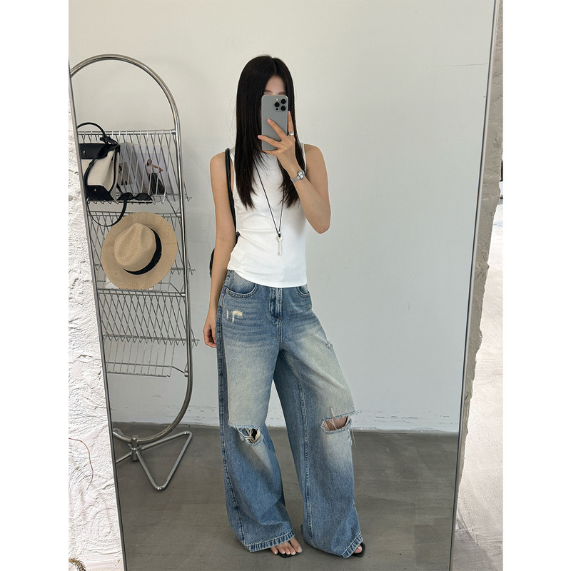 T-Platform Guangzhou Shisanxing Heavy-Duty Ripped Jeans for Women, Summer Vintage Straight-Leg Pants 68385 T-Platform Guangzhou Shisanxing Heavy-Duty Ripped Jeans for Women, Summer Vintage Straight-Leg Pants 68385
