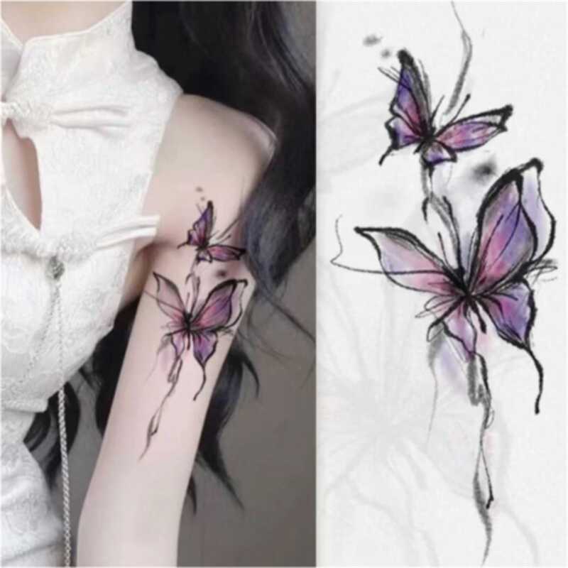 New Chinese Style Splash Ink Purple Butterfly Tattoo Sticker Chinese Style Colorful Waterproof Long-Lasting Female Arm High-End Flower Arm
