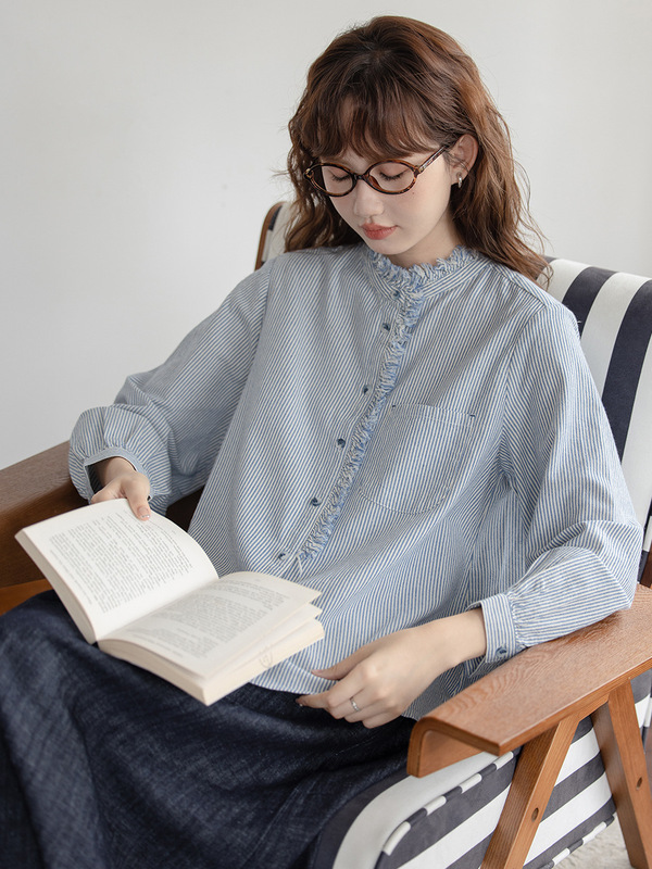 2025秋季新款日系宽松条纹衬衫女设计感流苏边小众气质长袖衬衣|undefined