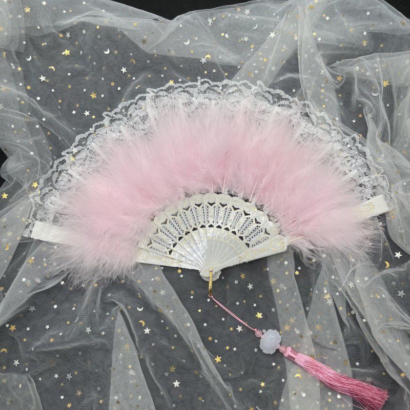 羽毛扇洛丽塔舞蹈旗袍走秀折扇古装网红复古怀旧汉服仙气蕾丝扇子